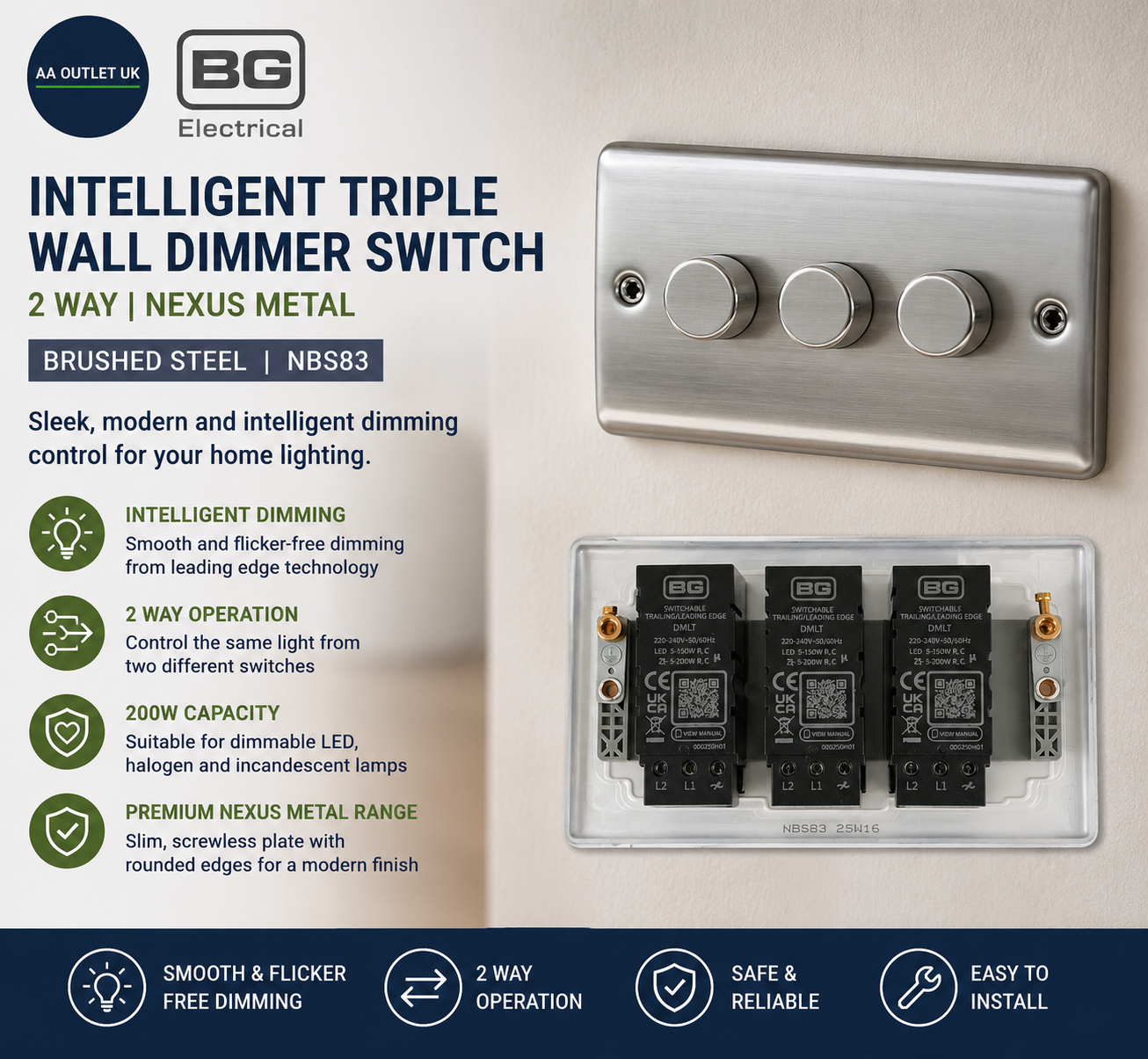 BG Electrical Intelligent Triple Wall Dimmer Switch 2 Way Raised Profile Round