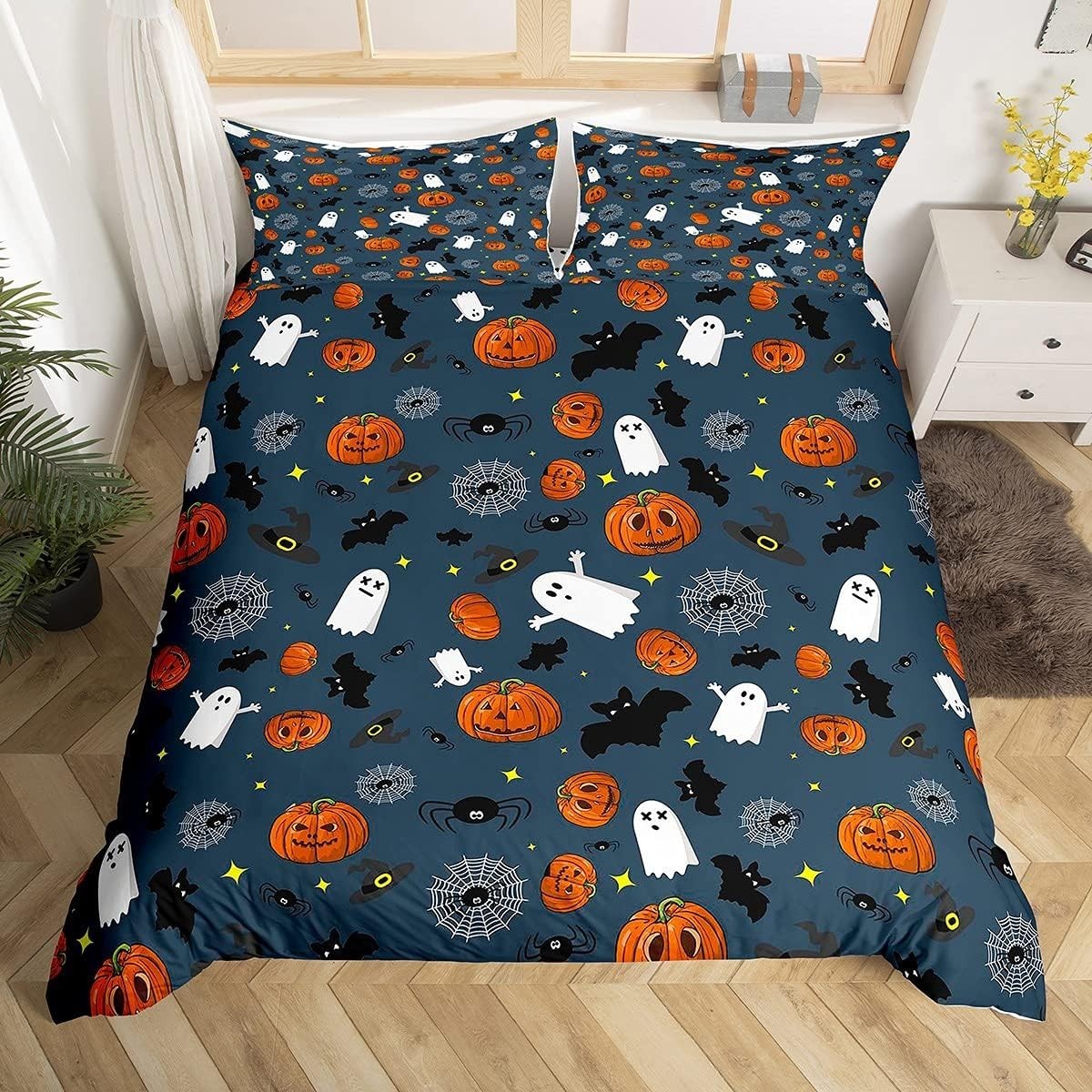 Loussiesd Boy Skull Duvet Cover Pumpkin Lantern Bedding Set Kids Teen Single New