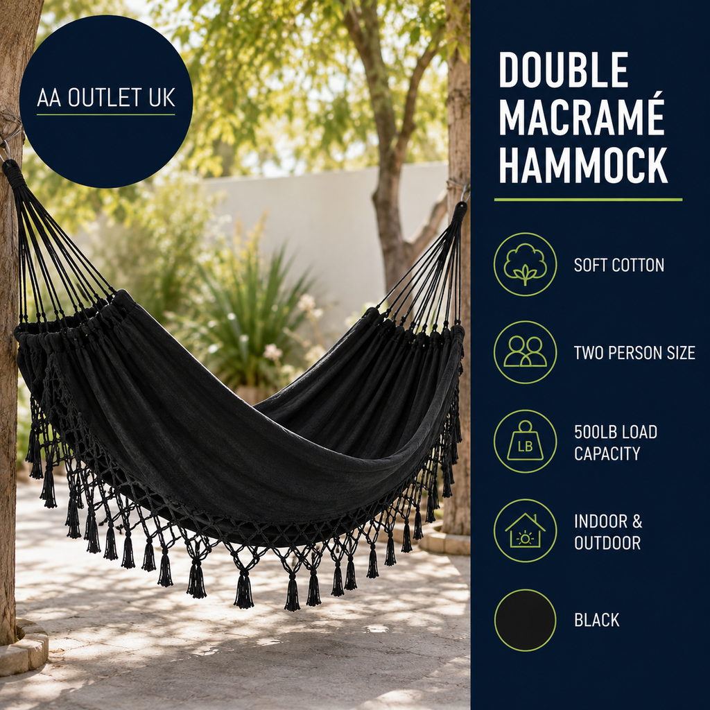 Double hammock For Home Indoor Outdoor Boho Macrame Large Cotton 2.8X1.5m Black