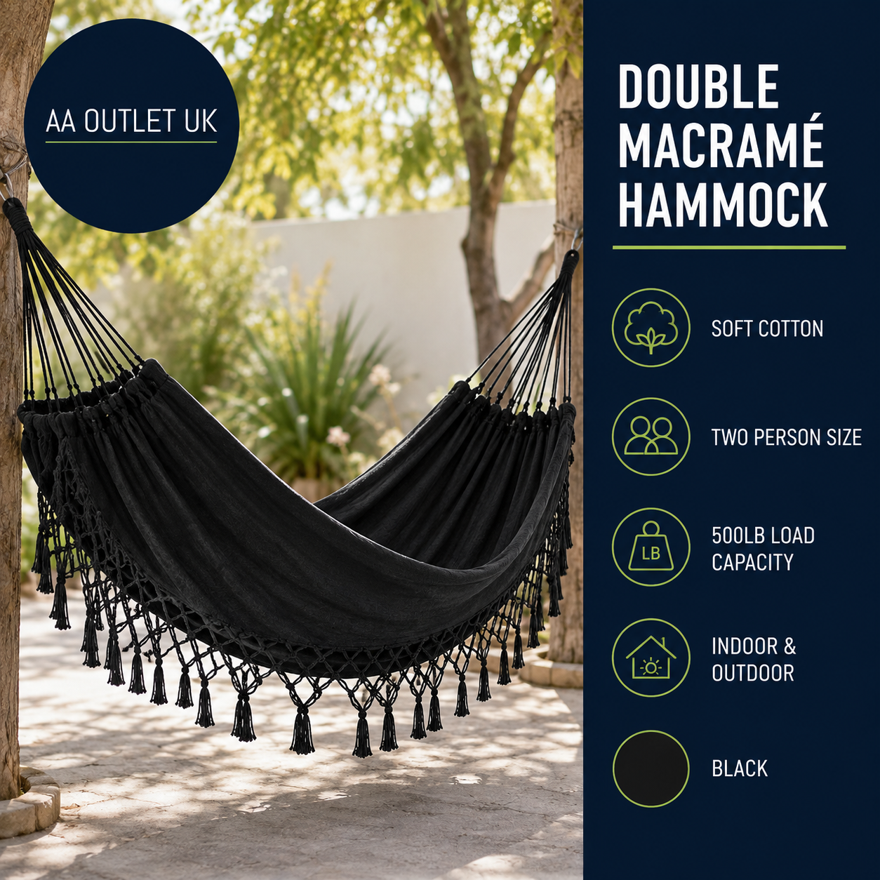 Double hammock For Home Indoor Outdoor Boho Macrame Large Cotton 2.8X1.5m Black