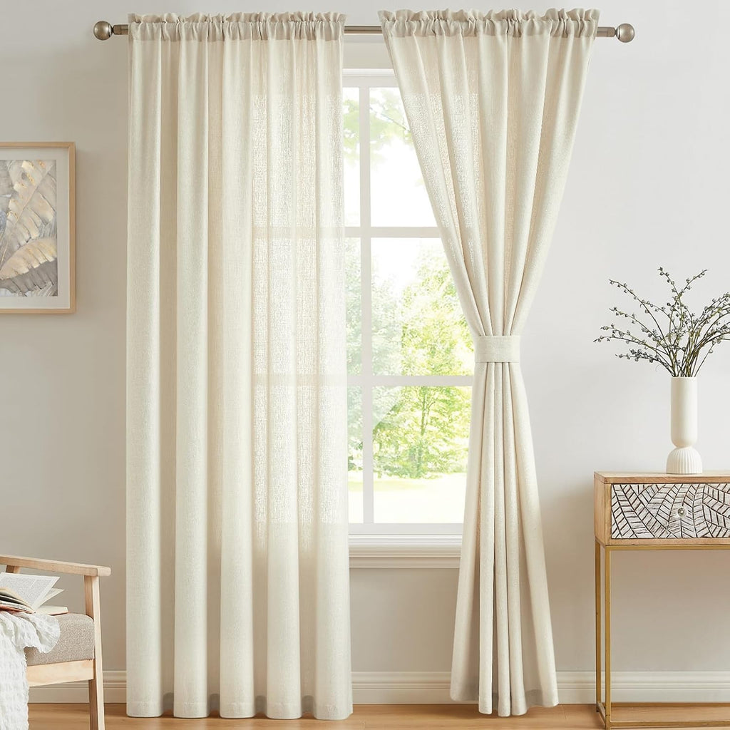 Melodieux 2 Panel Faux Linen Voile Net Curtains Semi Sheer Beige 55x89in New