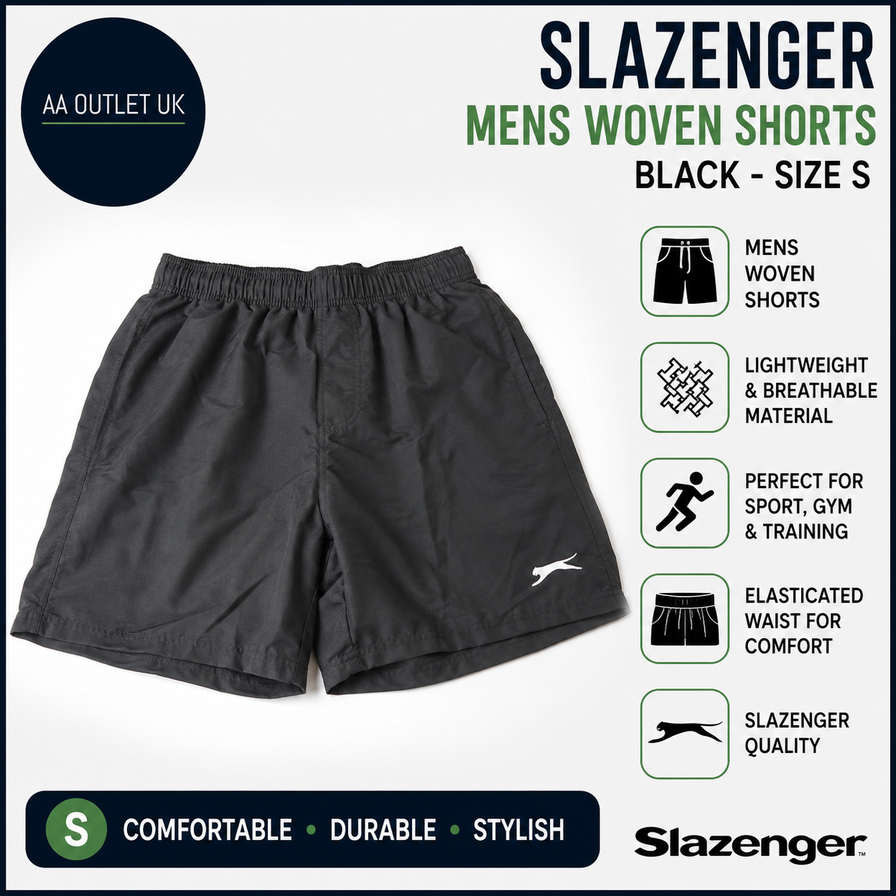 Slazenger Mens Woven Shorts Black Small Cotton Blend Low Rise Logo Pattern