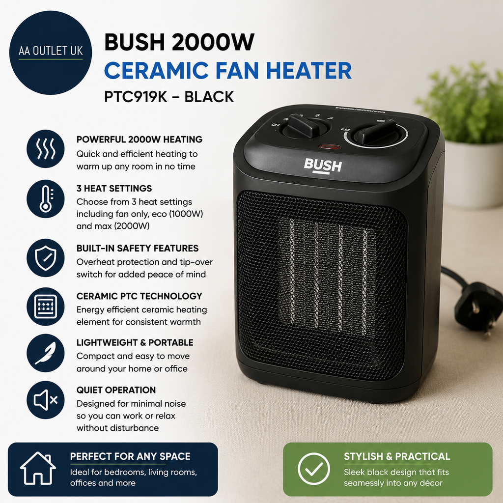 Bush 2000W Ceramic Fan Heater Lightweight PTC919K 3 Heat Settings Black