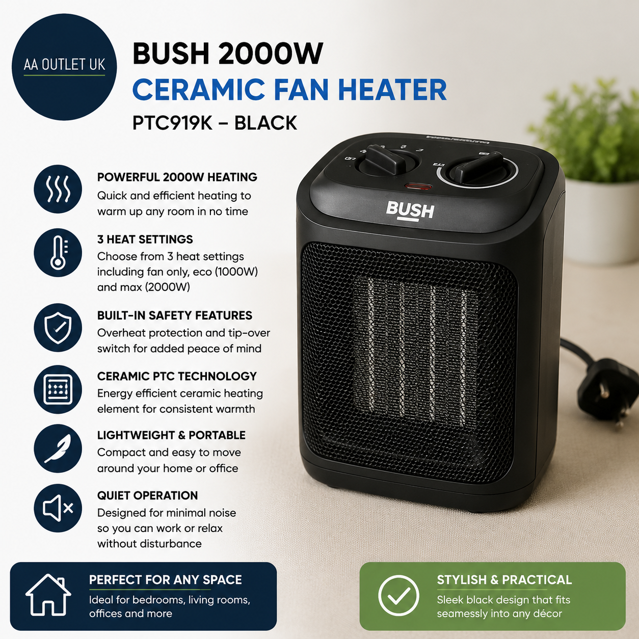 Bush 2000W Ceramic Fan Heater Lightweight PTC919K 3 Heat Settings Black
