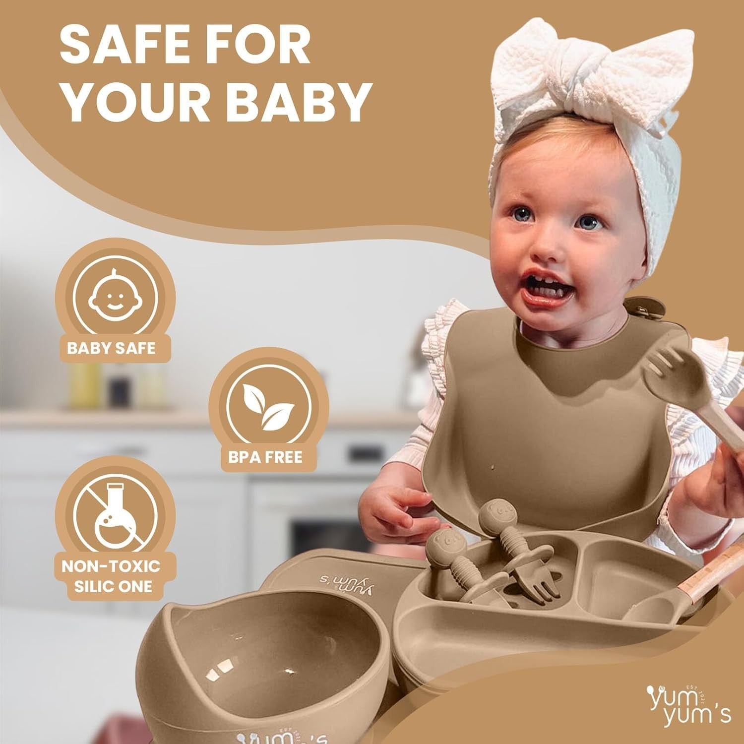 Yum Yums Baby Mocha Weaning Set Toddler Feeding Kit Silicone New