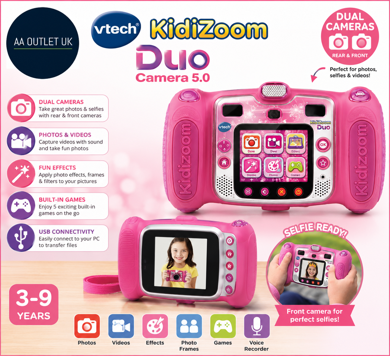 VTech 507153 Kidizoom Duo Camera 5.0 Kids Camera Colour Display Age 3+ Pink