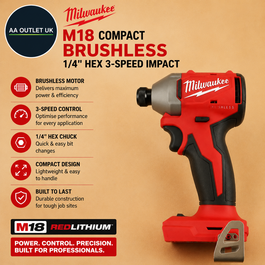Milwaukee Electric M18 Compact BRUSHLESS 1/4in HEX 3 Speed Impact Black Red