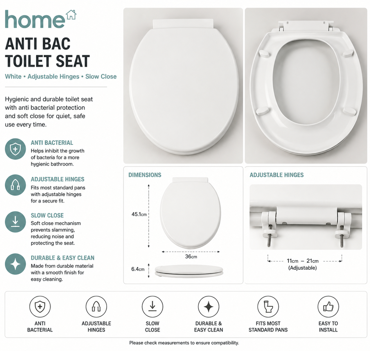 Home Anti Bac Toilet Seat White Adjustable Hinges 45.1x36x6.4cm Slow Close