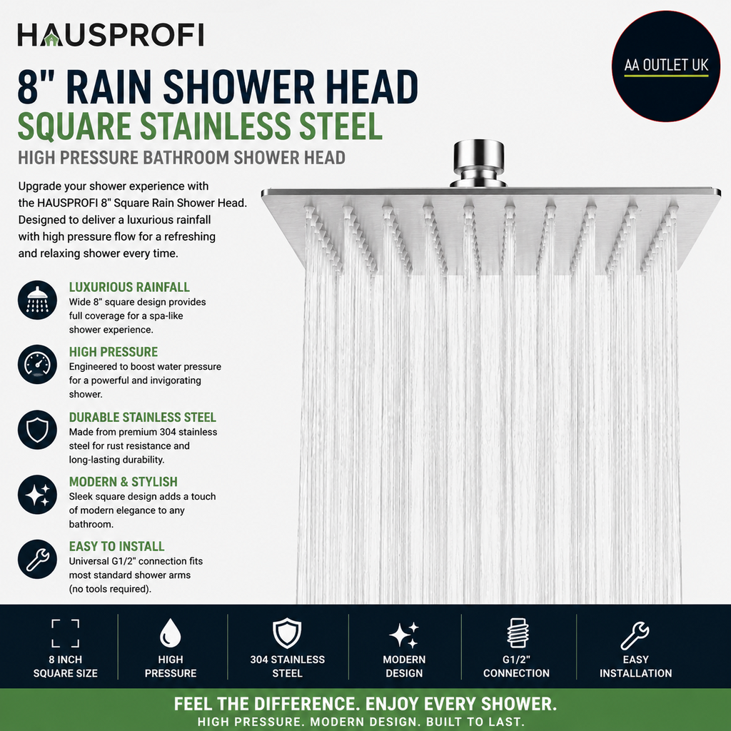 HAUSPROFI 8inch Rain Shower Head Square Stainless Steel High Pressure Bathroom