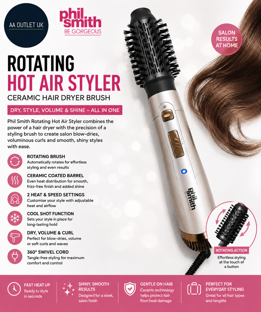 Phil Smith Rotating Hot Air Styler Brush Ceramic Hair Dryer Volumiser Curling