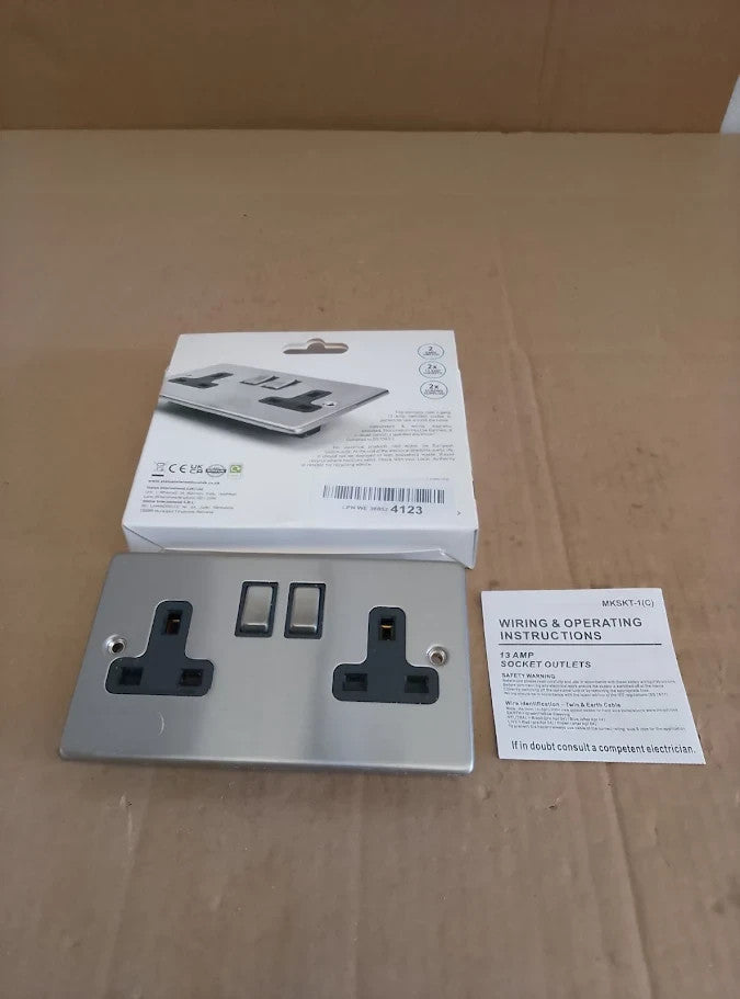 Status Stainless Steel Double Switched Power Plug Wall Socket 13Amp 2 Gang