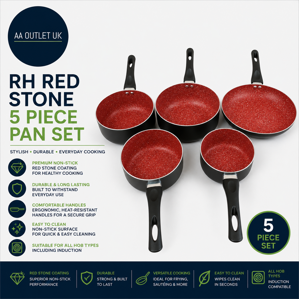 Russell Hobbs 5 Piece Pan Set Red Stone Aluminium External Internal Black