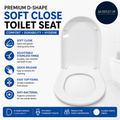 Premium D Shape Soft Close Toilet Seat Adjustable Stainless Hinge 45x36.5cm