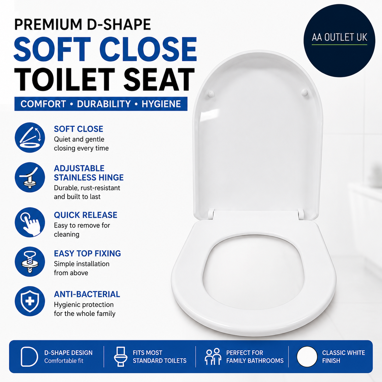 Premium D Shape Soft Close Toilet Seat Adjustable Stainless Hinge 45x36.5cm