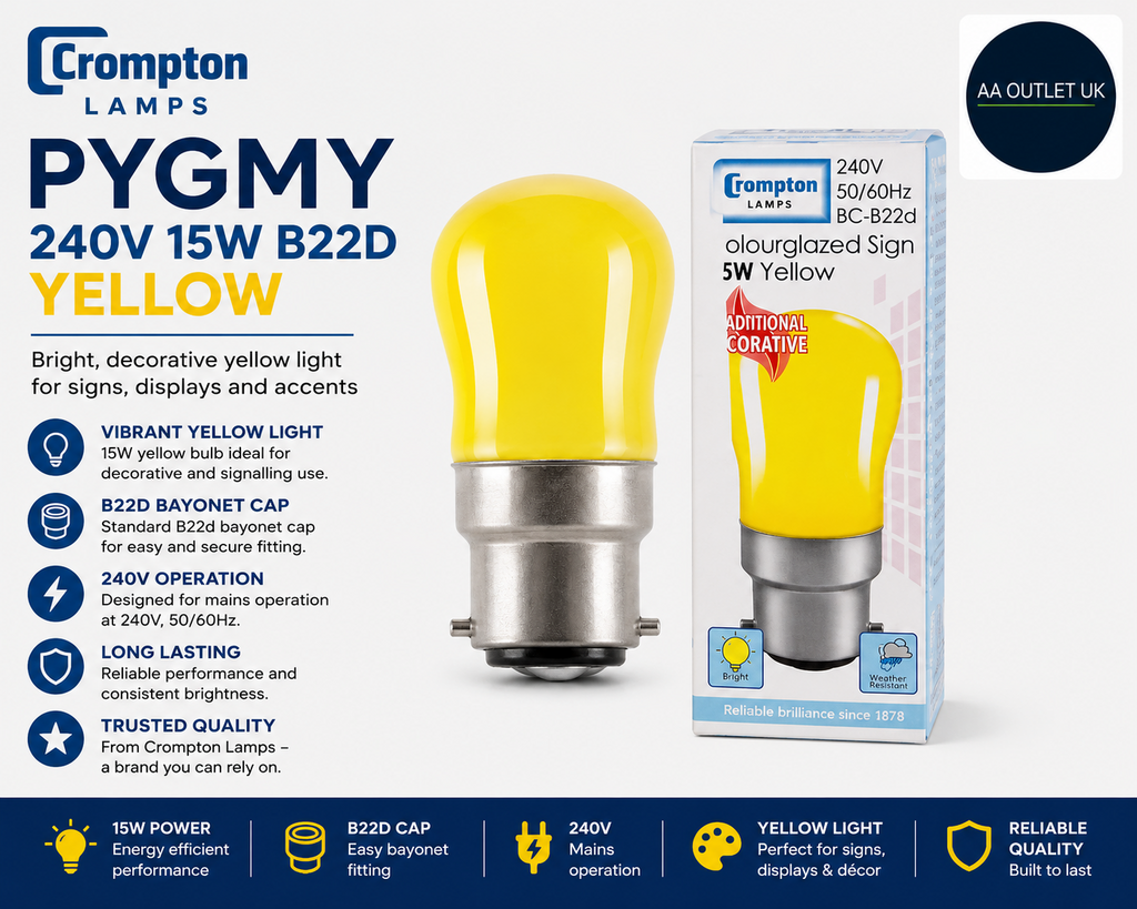 Crompton Pygmy 240V 15W B22d Yellow B22 15 W Incandescent Dimmable