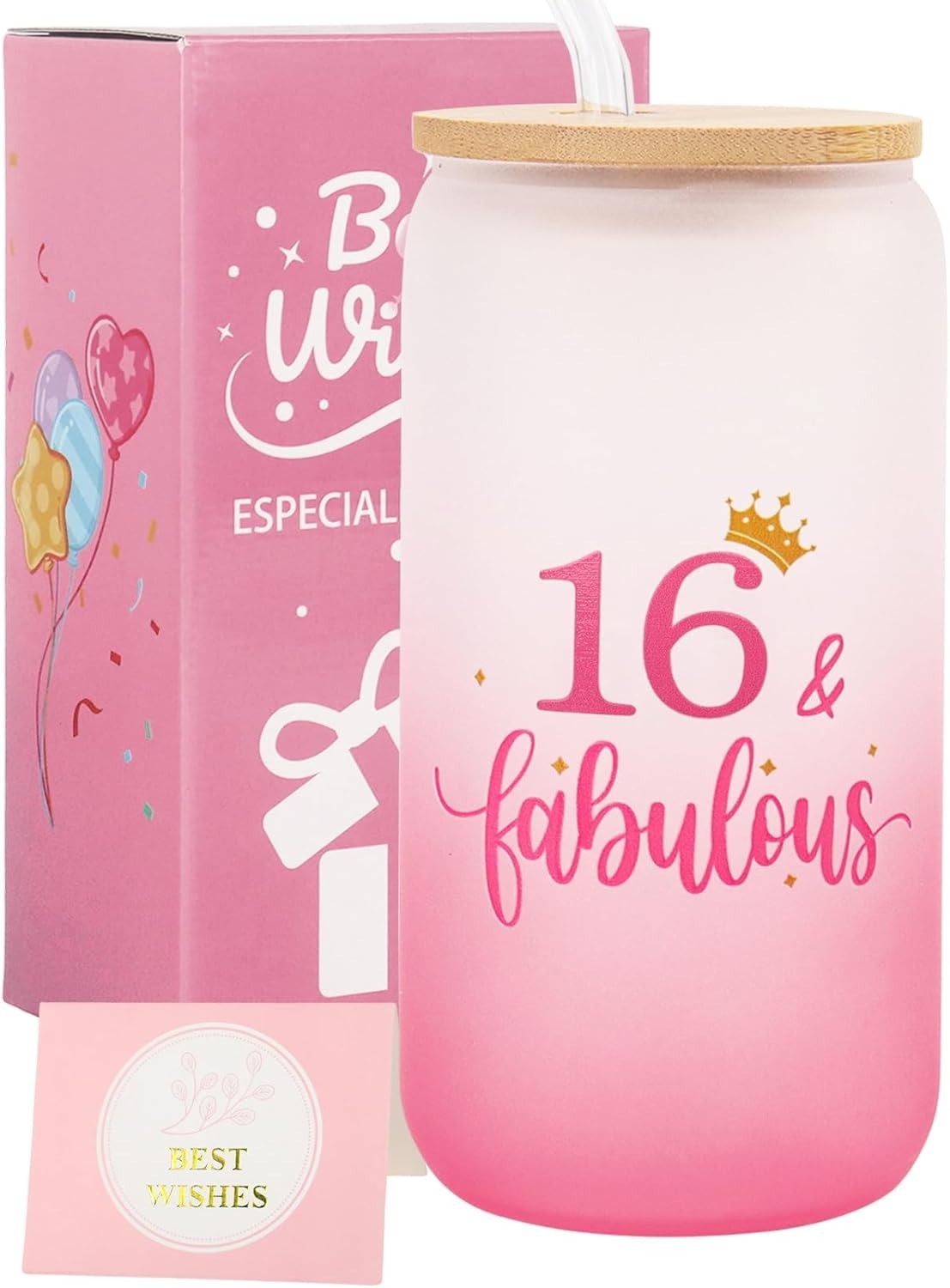 Nwvuop 16th Birthday Gift For Girls Glass Cup 16oz Stylish Printed Design New