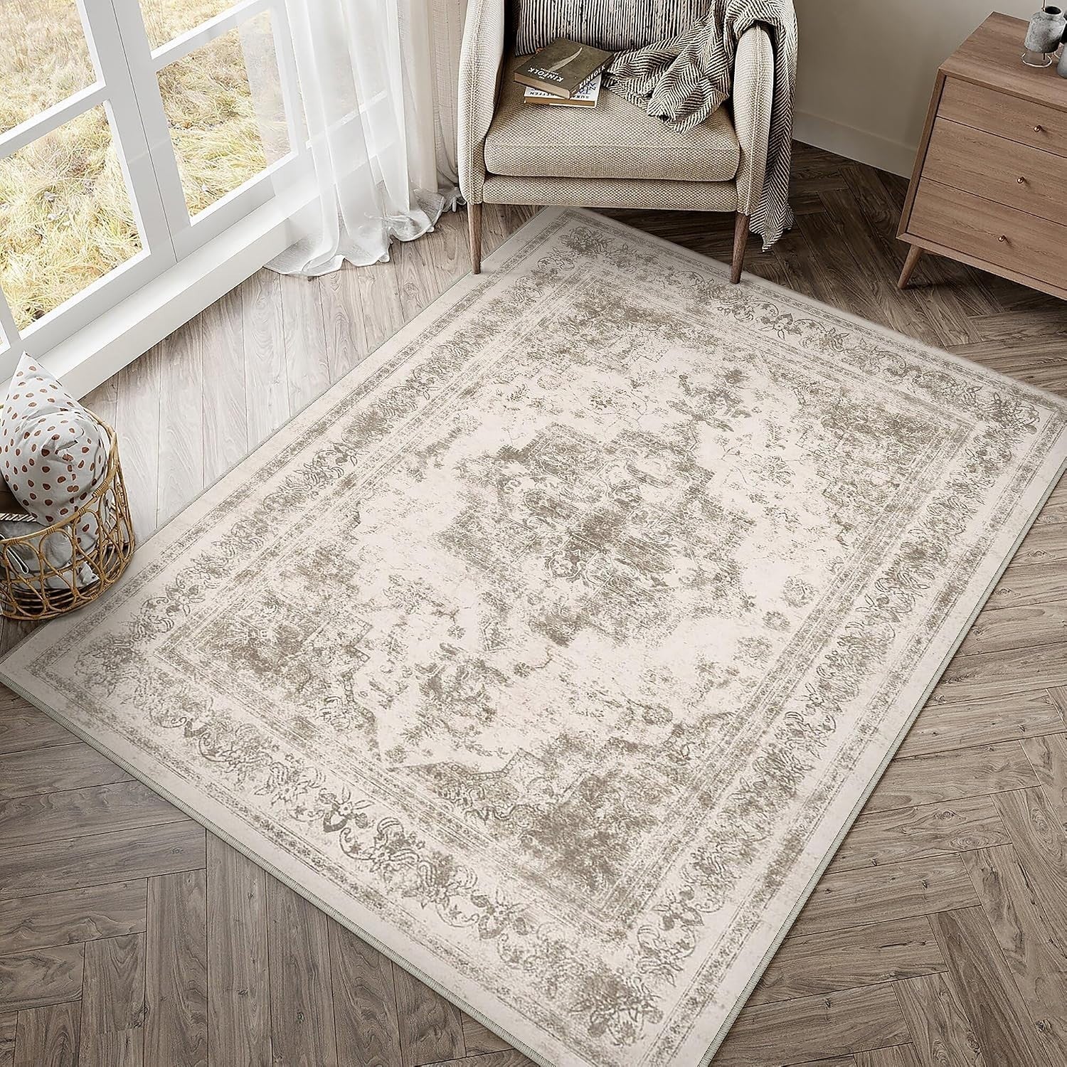 Hugear Vintage Beige Rugs Living Room Washable Non Slip Large Area 90x150cm New