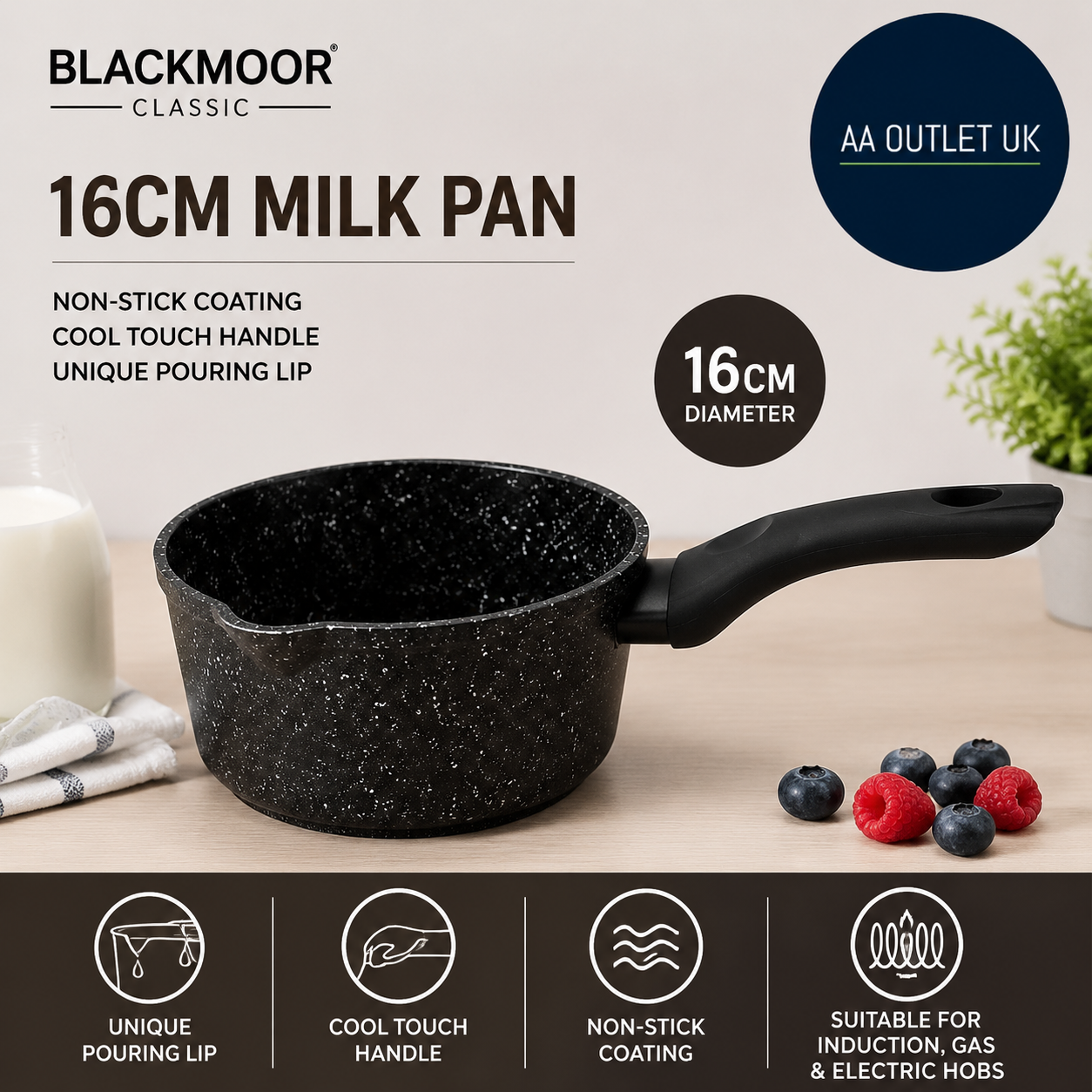 Blackmoor 66120 Classic 16cm Milk Pan Non Stick Coating Cool Touch Handle