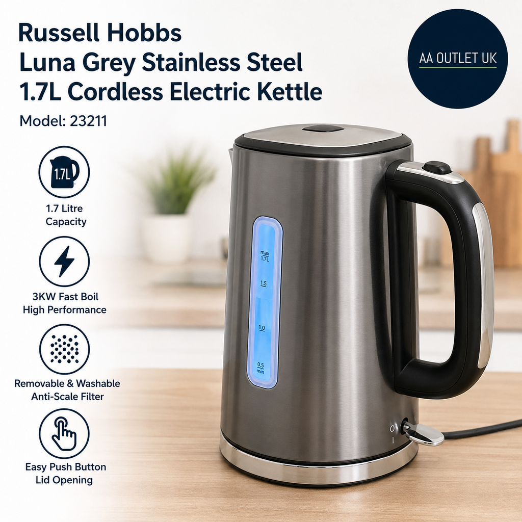 Russell Hobbs Luna Grey Stainless Steel 1.7L Cordless Electric Kettle Quiet Fast