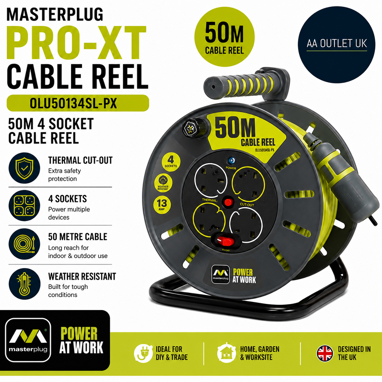 Masterplug OLU50134SL PX Pro XT 4 Socket Cable Reel 50m Green Thermal Cut Design