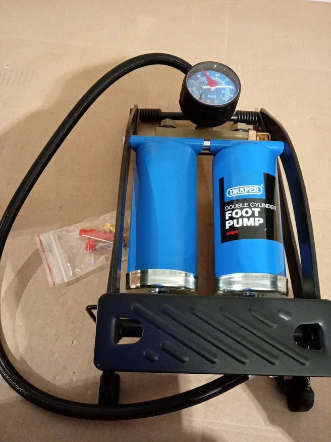 Draper 25996 Double Cylinder Foot Pump Pressure Gauge Car Bike Inflator Blue New