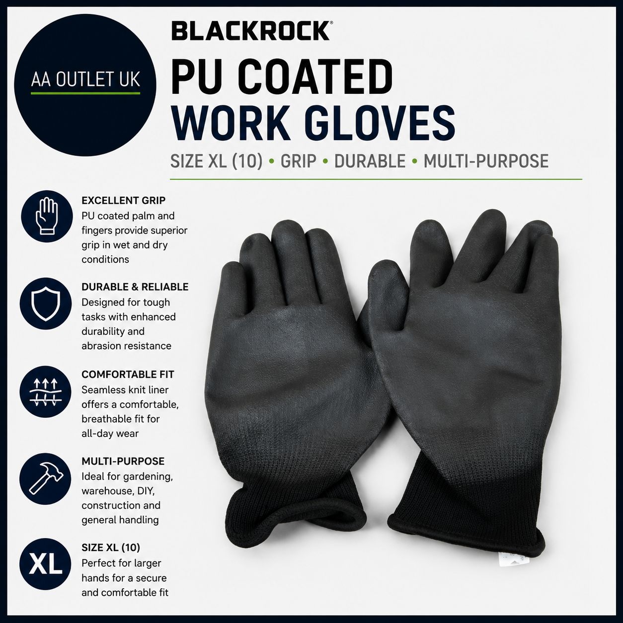 Blackrock PU Coated Work Gloves Size XL 10 Grip Gardening Warehouse PPE Design