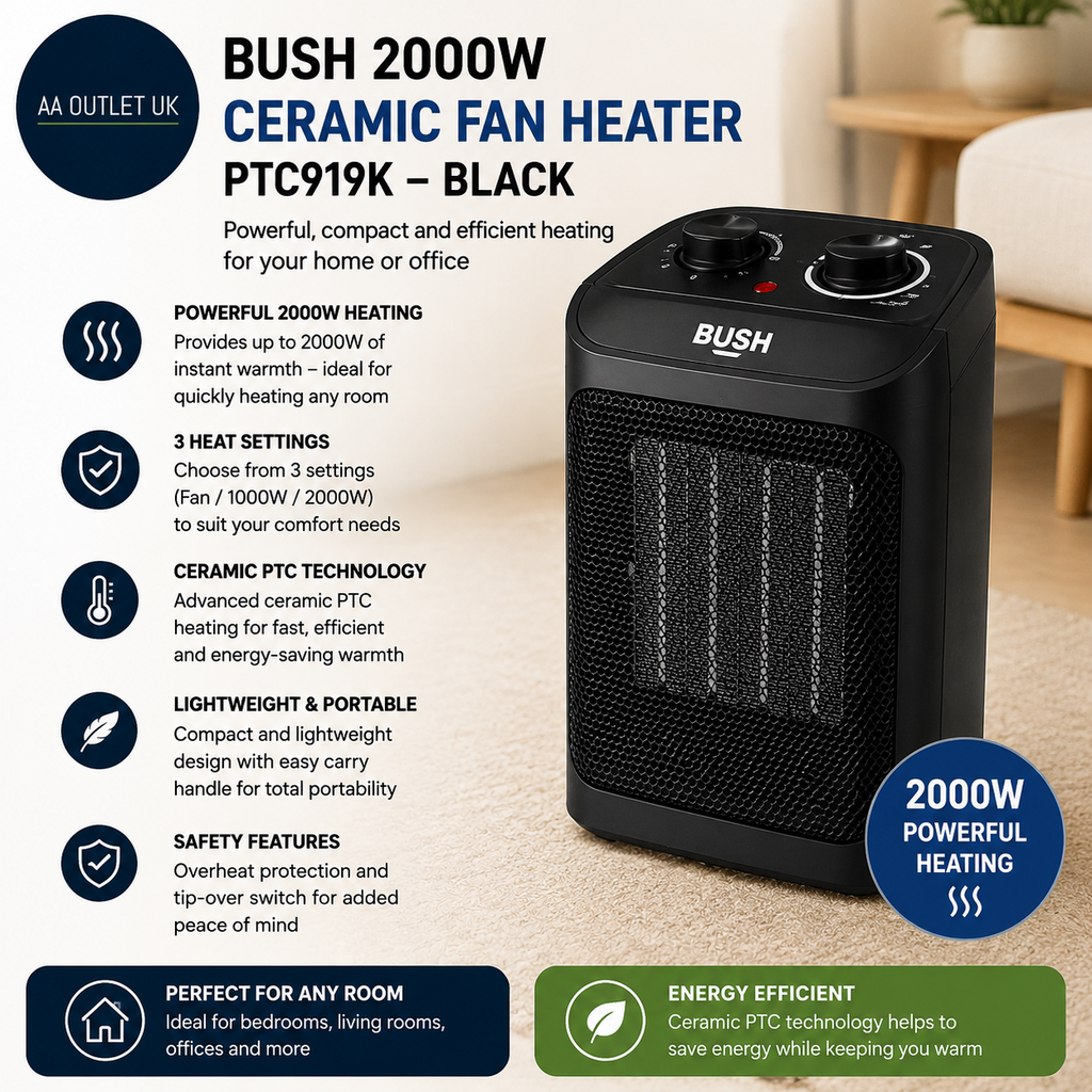 Bush 2000W Ceramic Fan Heater Lightweight PTC919K 3 Heat Settings Black