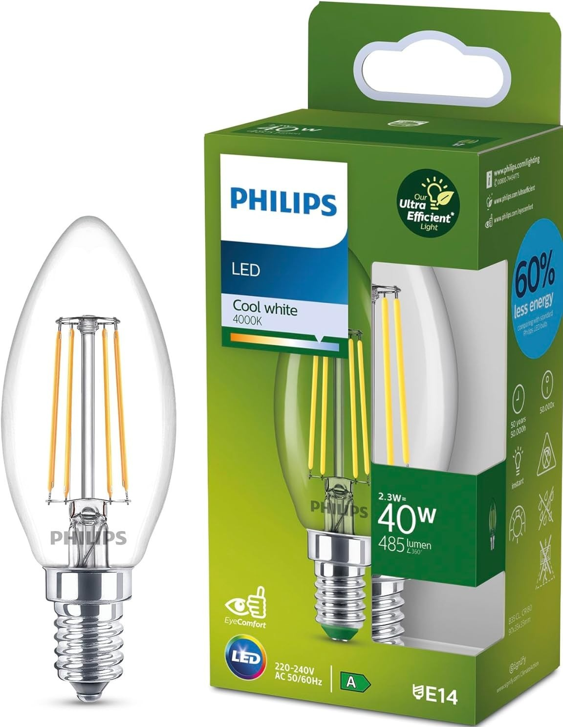 Philips Classic Ultra Efficient LED Bulb Energy Efficiency Class A E14 Base New