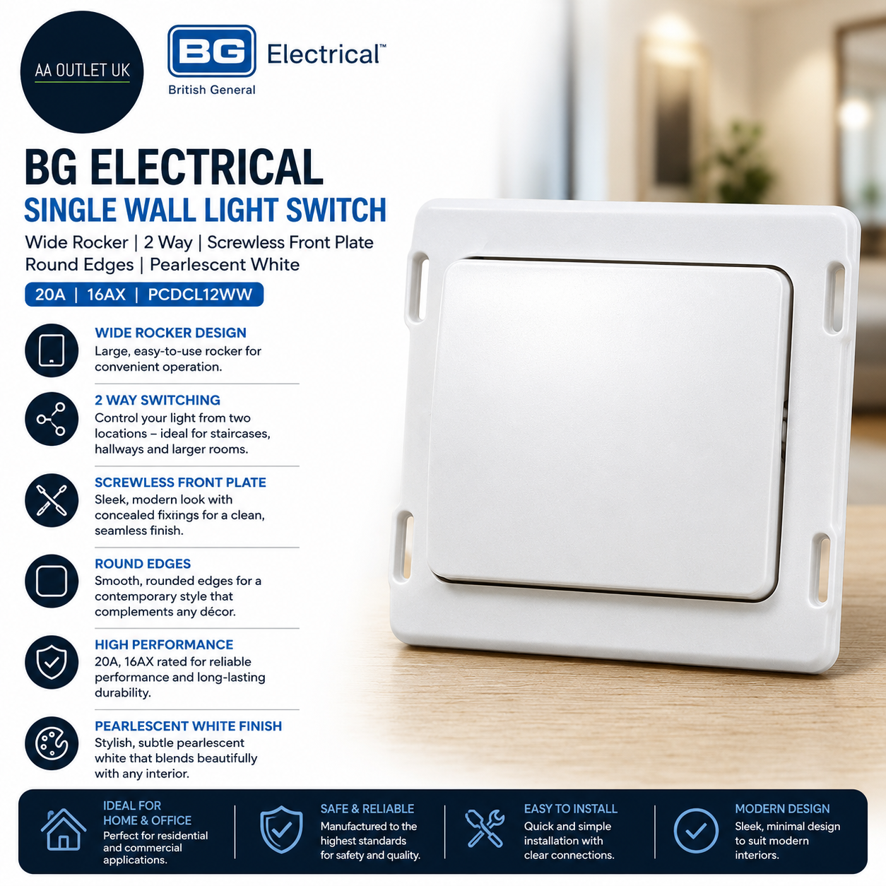BG Electrical Single Wall Light Switch Wide Rocker 2 Way Screwless Front Plate