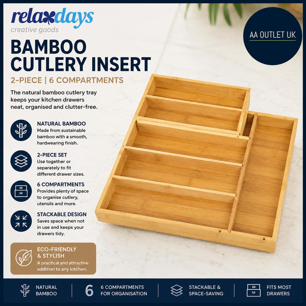 Relaxdays Bamboo Cutlery Insert 2piece 6 Compartments Stackable Space Saving