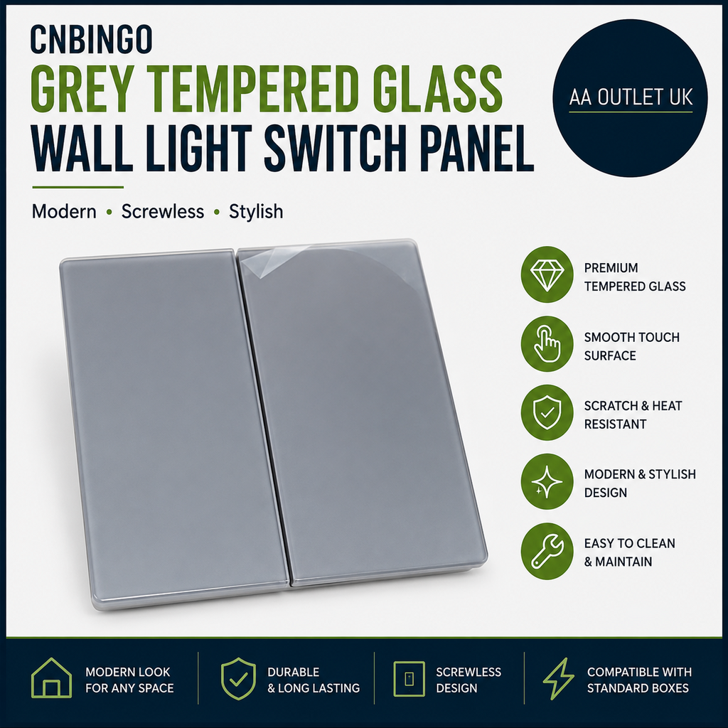 CNBINGO Grey Tempered Glass Wall Light Switch Socket Panel Modern Screwless