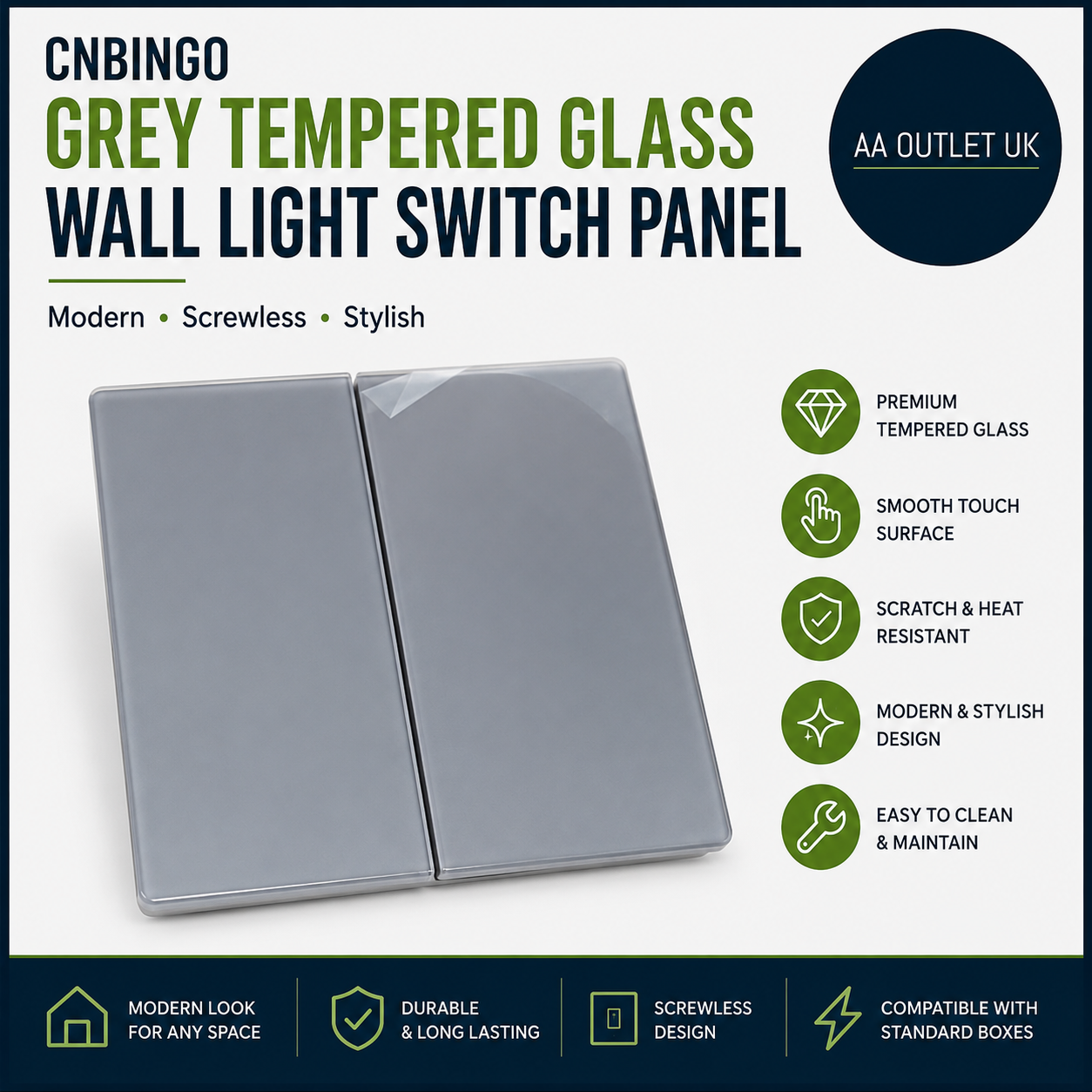 CNBINGO Grey Tempered Glass Wall Light Switch Socket Panel Modern Screwless