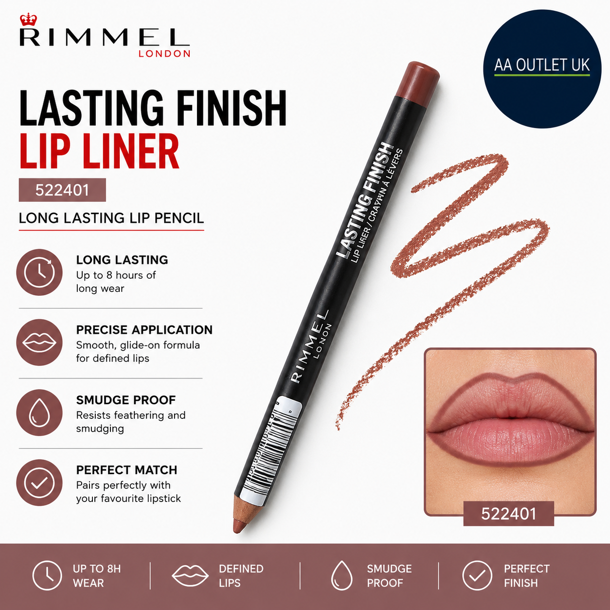 Rimmel London Lasting Finish Lip Liner 522401 Long Lasting Pencil New