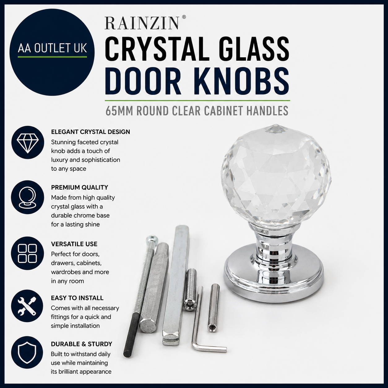 RAINZIN Crystal Glass Door Knobs 65mm Round Clear Cabinet Handles 1 Piece