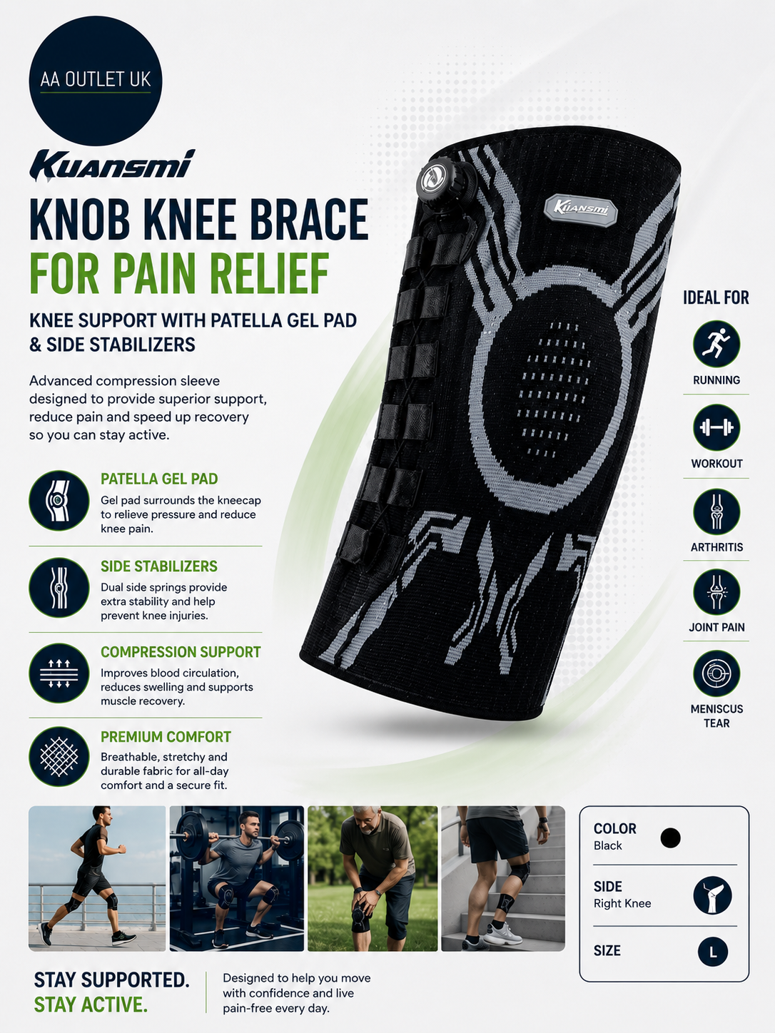 Kuangmi Knob Knee Brace Pain Relief Support Patella Gel Pad Right Large