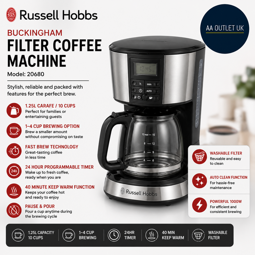 Russell Hobbs Buckingham Filter Coffee Machine 1.25L 10 Cups 1000W 20680