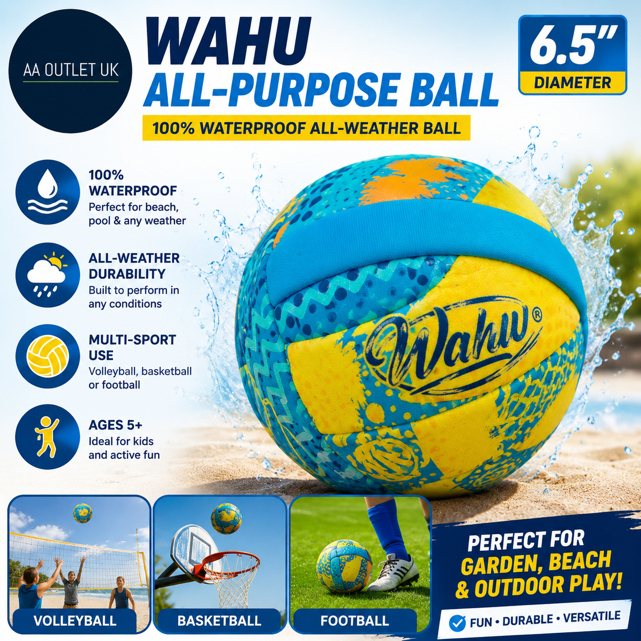 WAHU Purpose Ball 6.5" 100% Waterproof All Weather Ball Ages 5+ Blue
