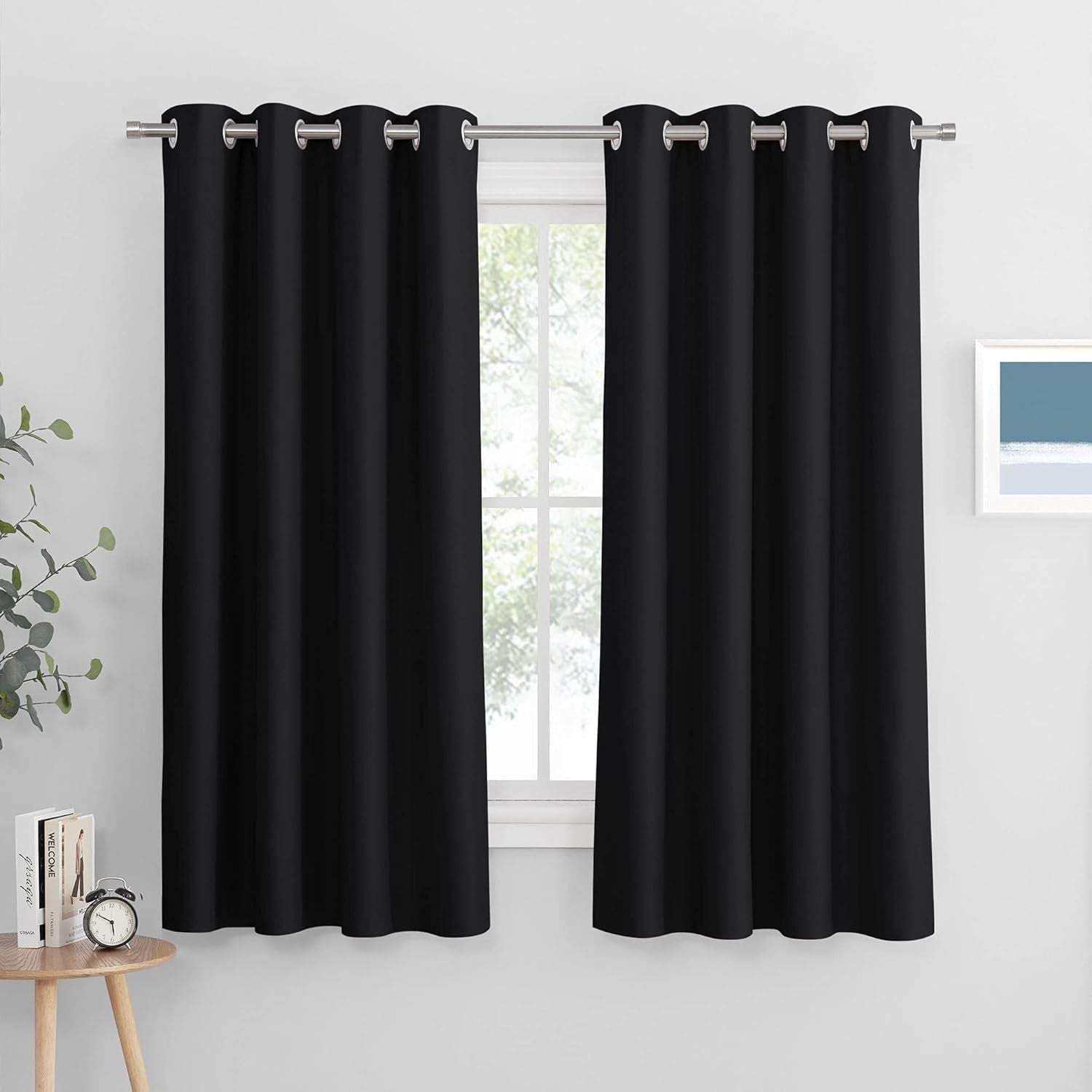 PONY DANCE Black Blackout Eyelet Curtains Bedroom 2 Panels 46x60in Drop New