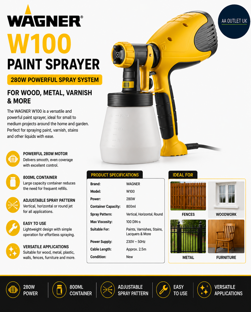 WAGNER W100 Paint Sprayer 280W Wood Metal Varnish Spray Gun 800ml Container