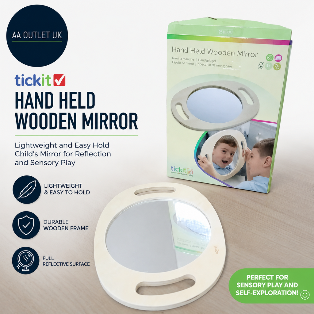 Tickit Hand Held Wooden Mirror Lightweight Easy Hold Child Mirror New