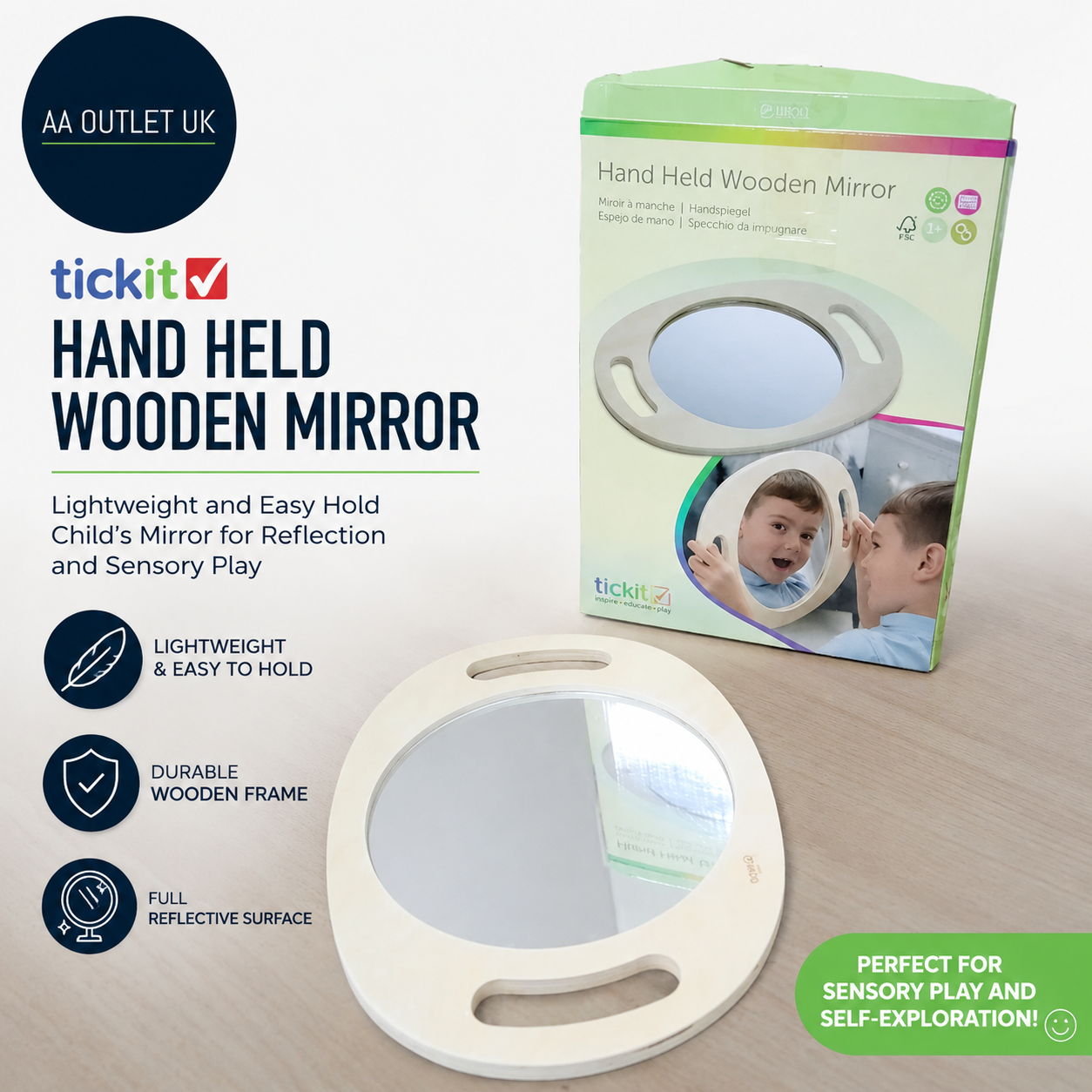 Tickit Hand Held Wooden Mirror Lightweight Easy Hold Child Mirror New