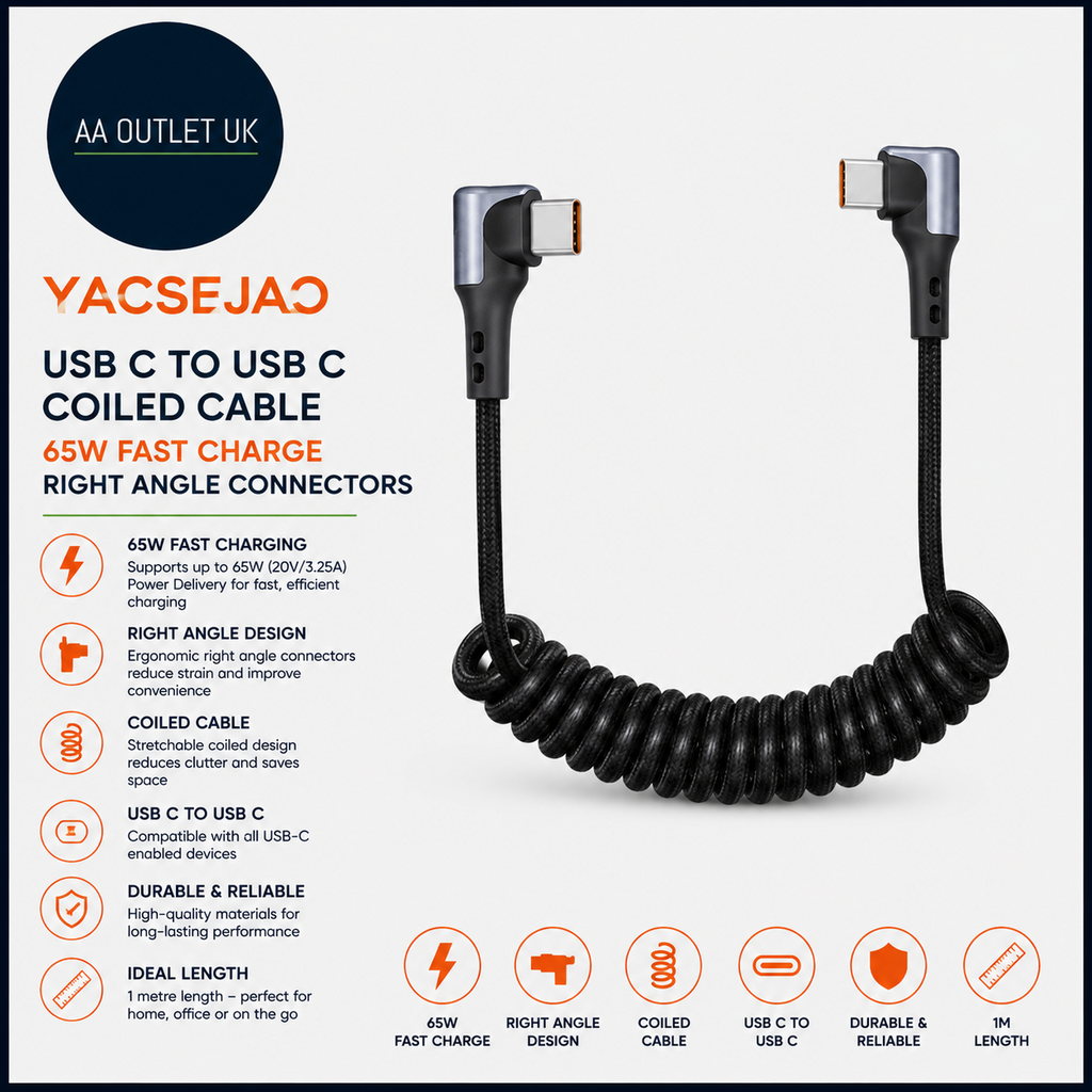 YACSEJAO 65W USB C USB C Cable 1m Coiled Fast Charge Right Angle Durable Design