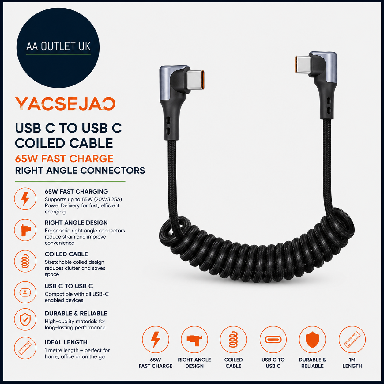 YACSEJAO 65W USB C USB C Cable 1m Coiled Fast Charge Right Angle Durable Design