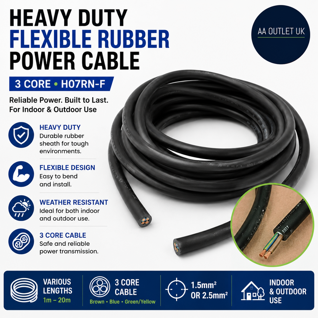 Heavy Duty Flexible Rubber Power Cable 3 Core 1.5mm² 2.5mm² H07RNF Indoor Black