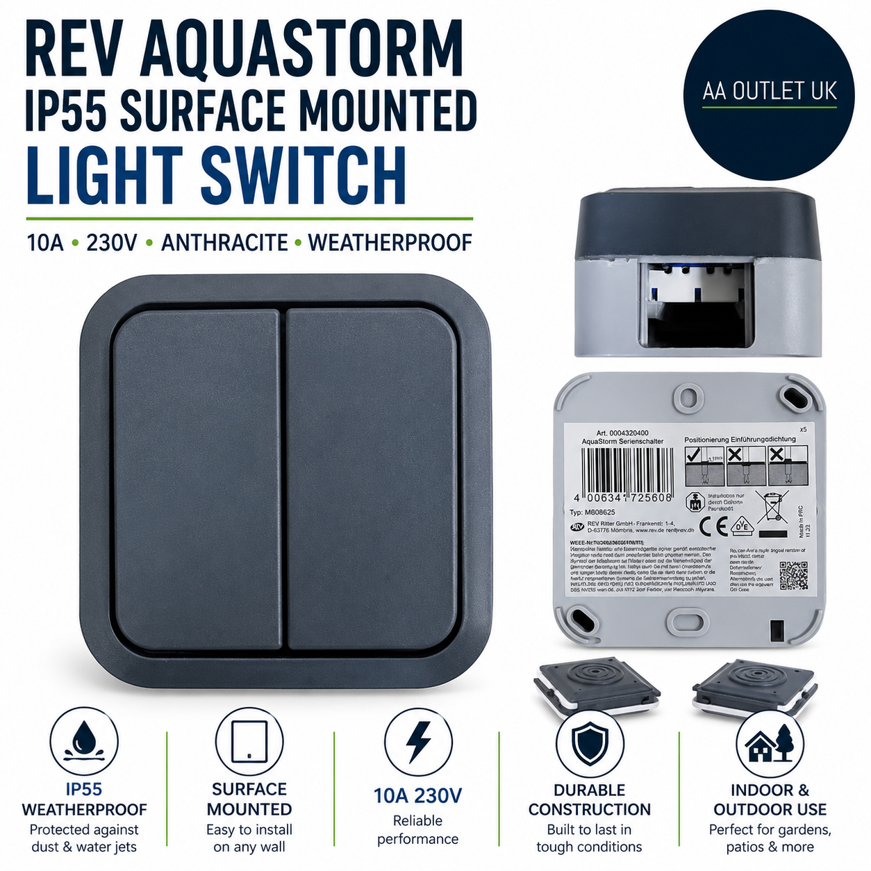 REV AquaStorm IP55 Surface Mounted Light Switch 10A 230V Anthracite Weatherproof