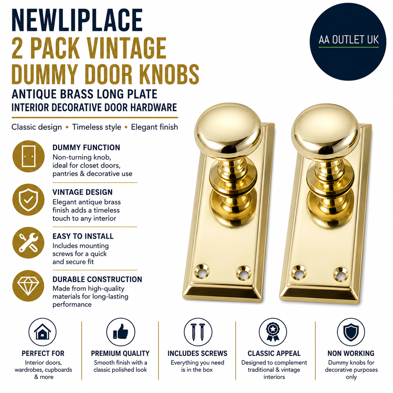 Newliplace 2 Pieces Vintage Dummy Door Knobs Antique Brass Long Plate Interior