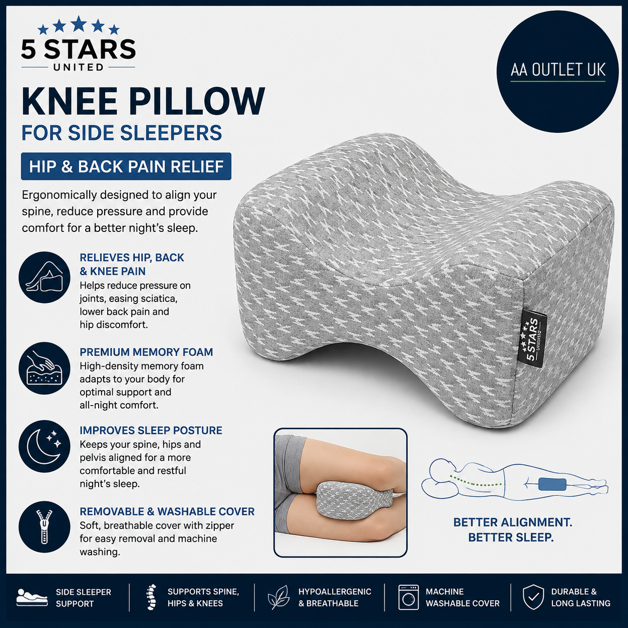 5 Star United Knee Pillow For Side Sleepers Hip Pain Relief Memory Foam Leg