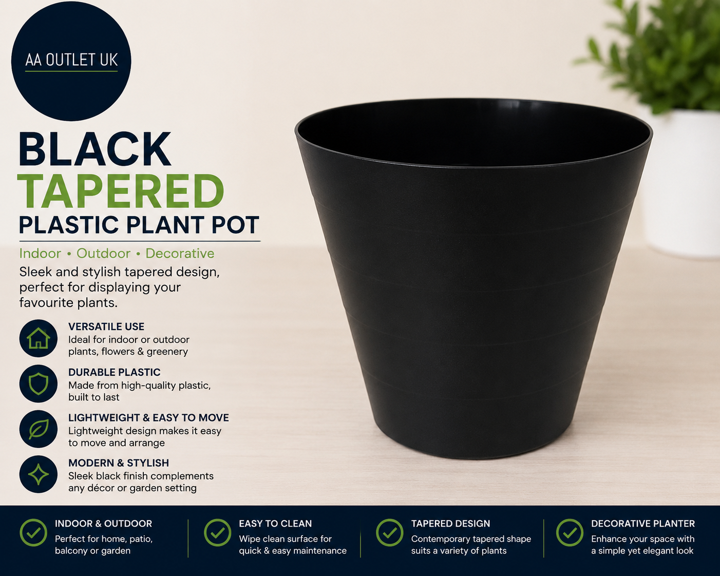 Black Tapered Plastic Plant Pot Planter Indoor Outdoor Flower Pot Garden New
