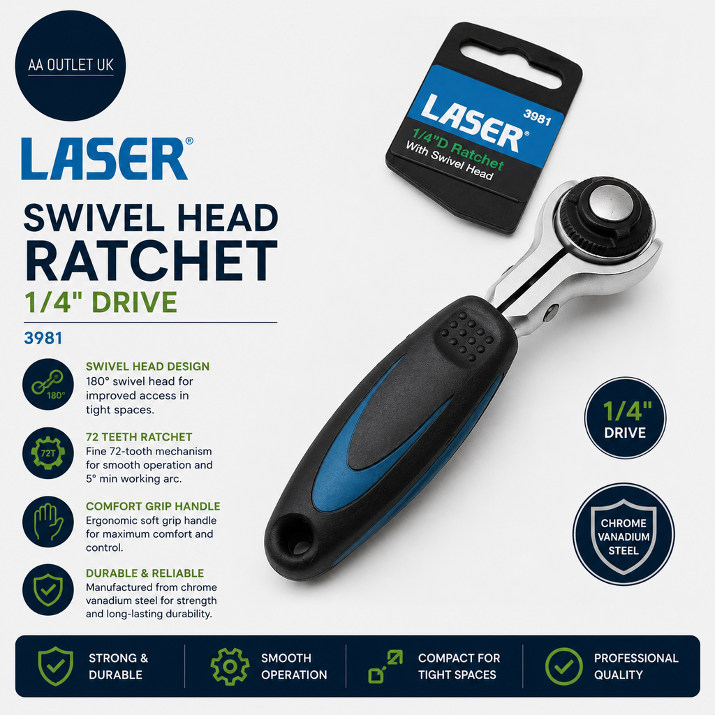 Laser 3981 Swivel Head Ratchet 1/4in Chrome Rubber