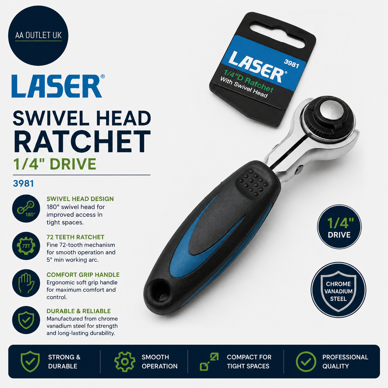 Laser 3981 Swivel Head Ratchet 1/4in Chrome Rubber